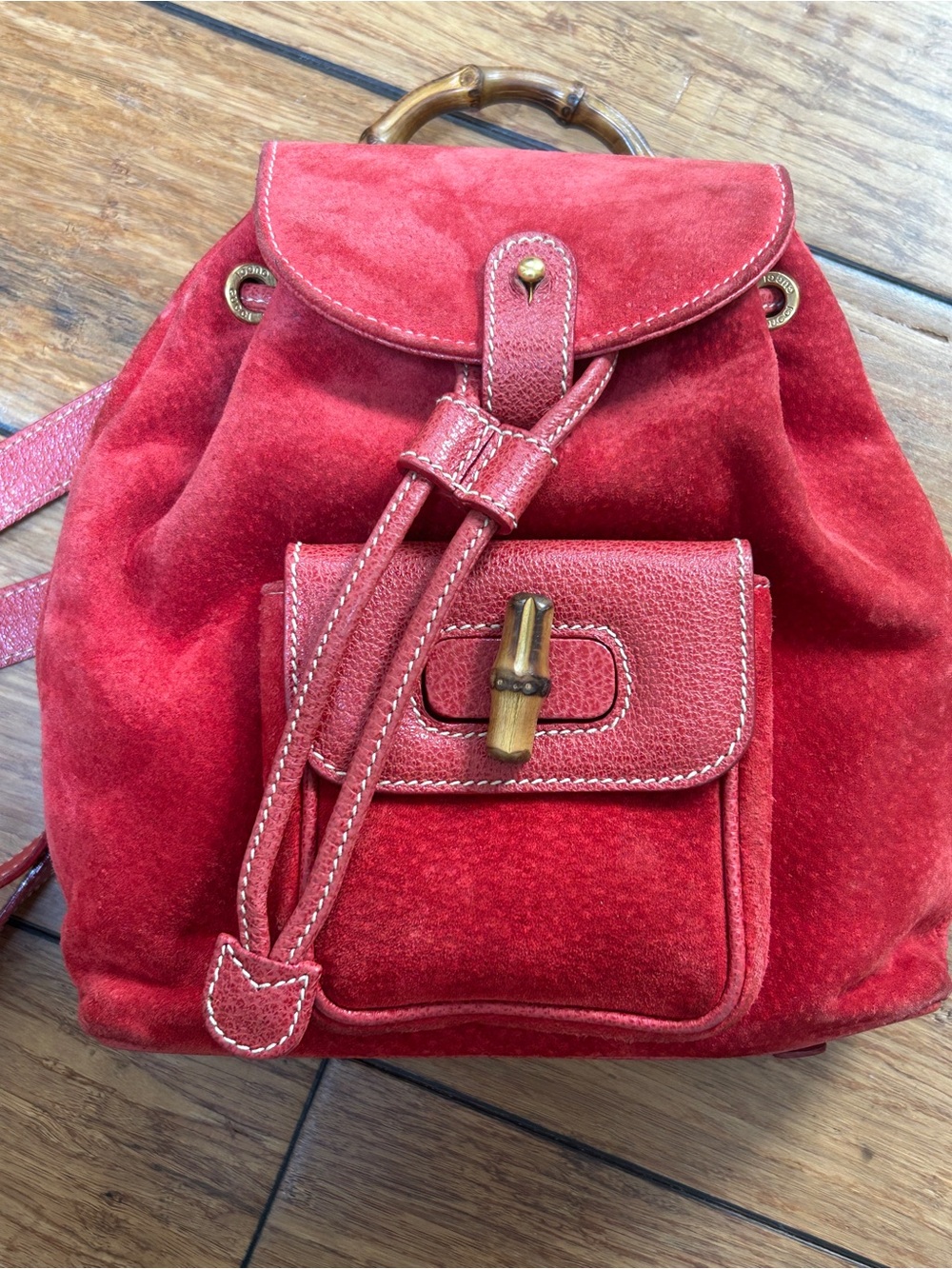 Gucci red suede and bamboo vintage backpack.